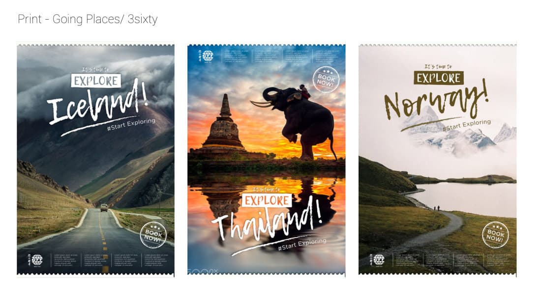 Travel print ads for Iceland, Thailand and Norway