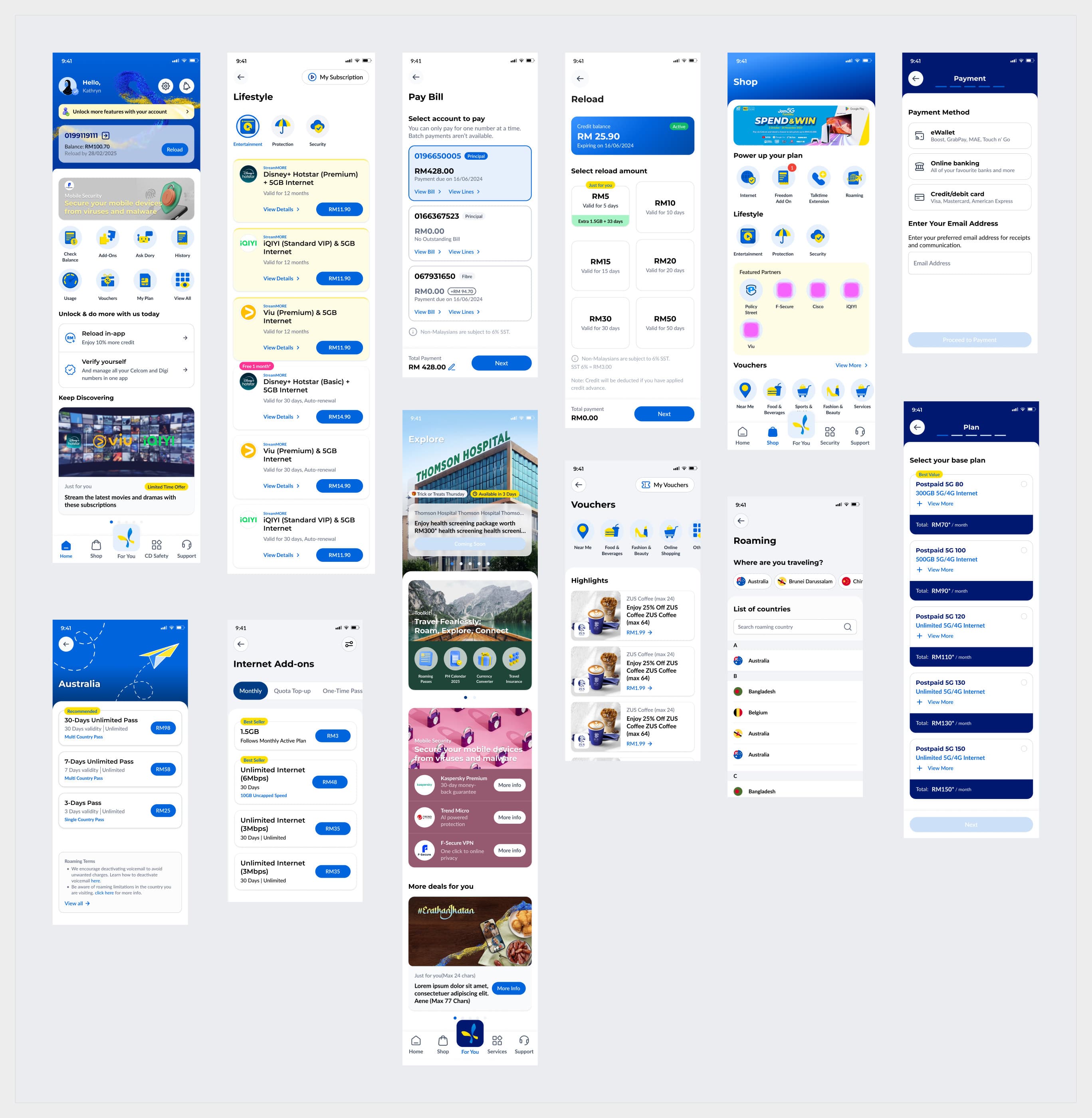 Board of CelcomDigi app screens reviewed in the heuristic evaluation