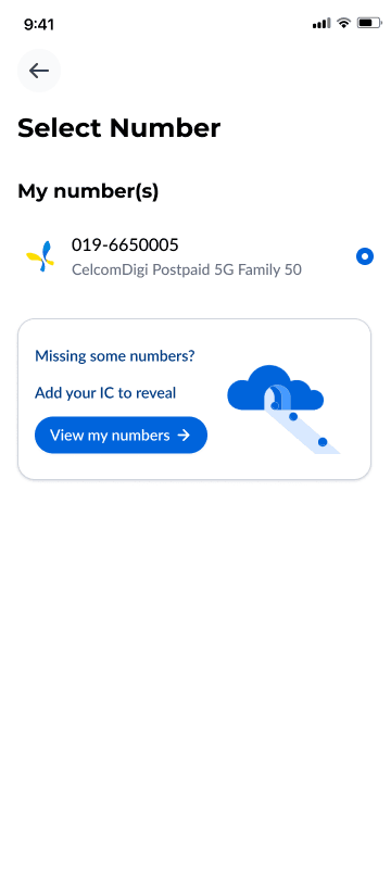 Select number screen listing the user’s lines with an option to reveal more with IC