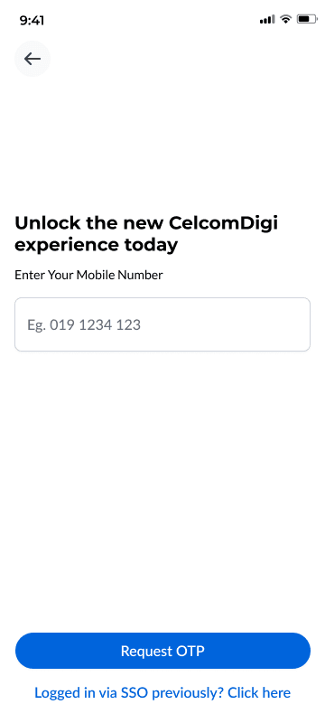 Mobile number login screen with request OTP button