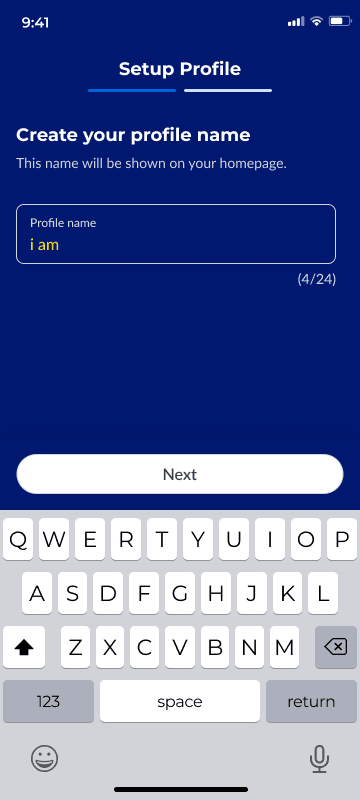 Set up profile screen asking for a profile name