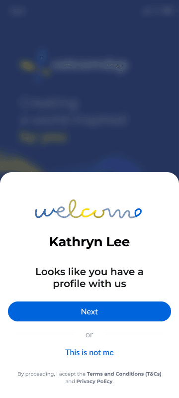 Welcome back screen that recognises a returning user by name