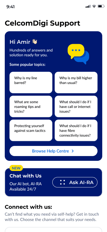 CelcomDigi Support screen with popular topics and the AI-RA chat bot