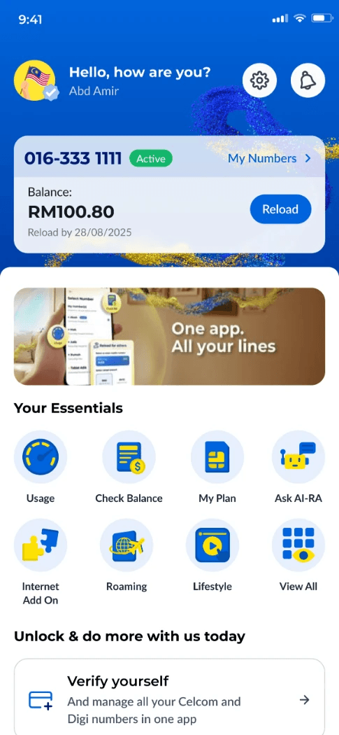 CelcomDigi app home: balance, reload, your essentials and offers