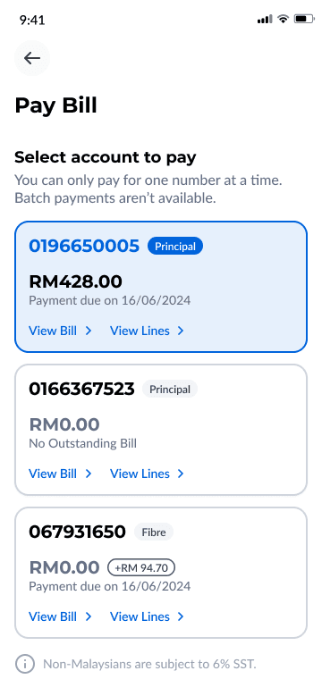 Pay Bill screen listing each number with its amount due