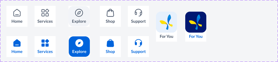 Bottom navigation icons, outline when unselected and filled when selected