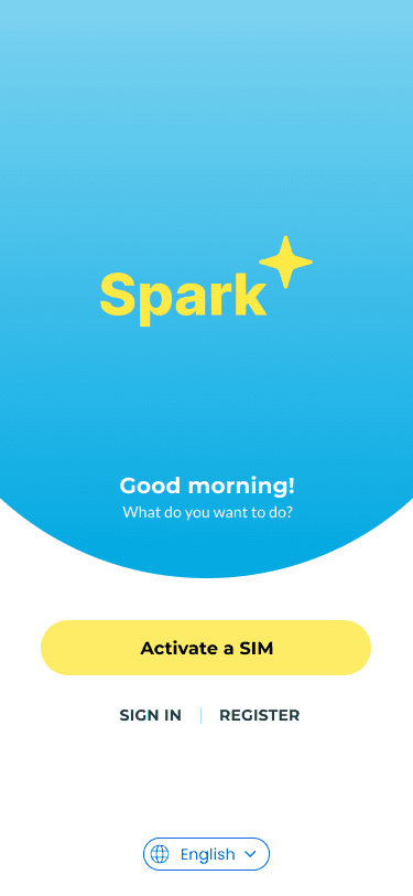 Spark welcome screen: Good morning, Activate a SIM