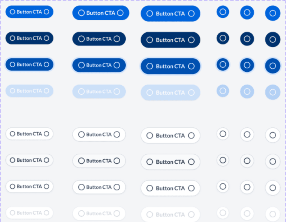 Primary and secondary buttons in three sizes and four states