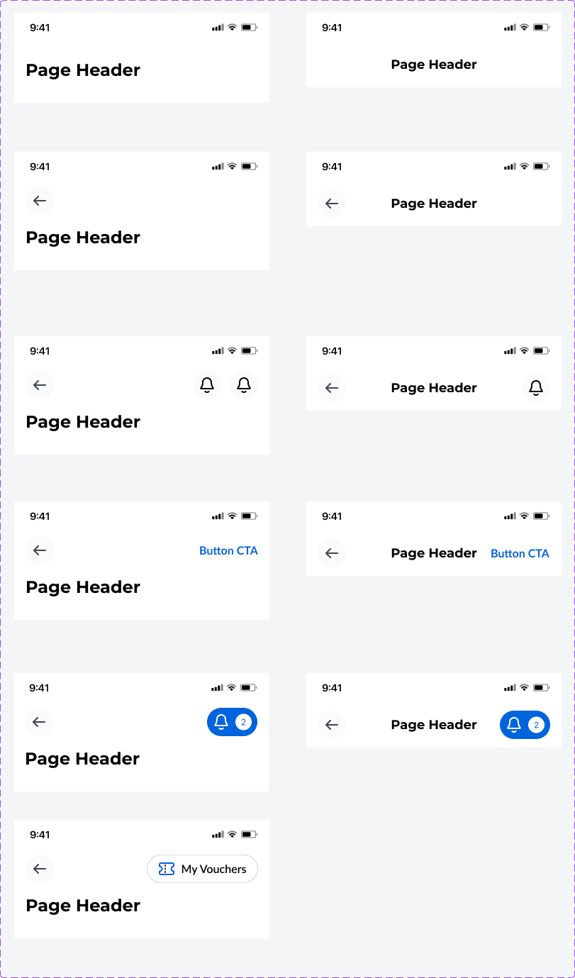 Page header variants: default, back, icons, button, notification and vouchers