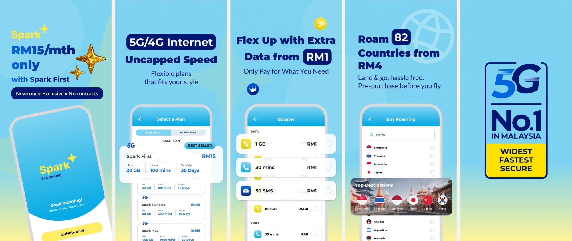 Spark App Store previews: RM15 a month with Spark First, 5G/4G uncapped speed, extra data from RM1, roam 82 countries from RM4, No.1 5G in Malaysia