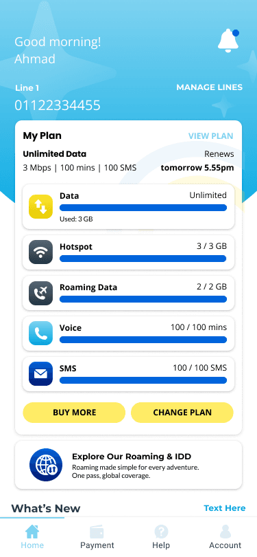 Spark home screen showing plan usage bars for data, hotspot, roaming, voice and SMS