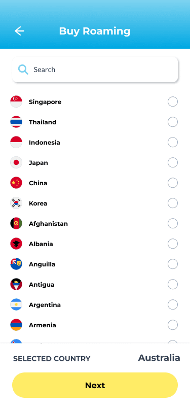 Buy Roaming: search and pick a destination from the country list
